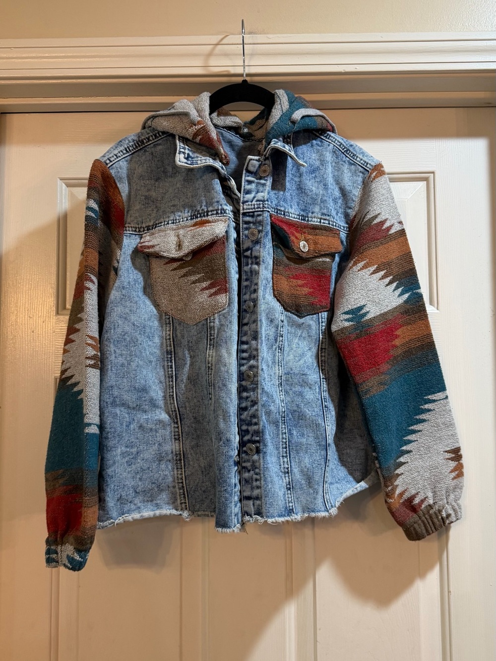 Boho Aztec Denim Jacket with Patterned Hooded Sleeves - Teal & Rust
